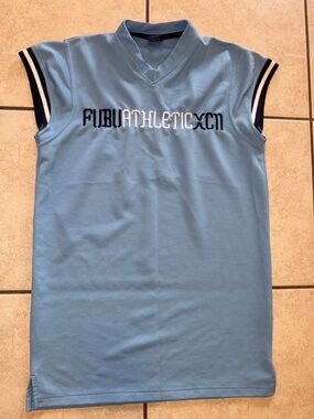 FUBU Light Blue Sleeveless Mesh Athletic Top with Navy Trim